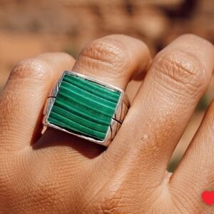 Malachite Green Stone Sterling Silver Ring Size 10.5 Chunky Vintage Jewelry